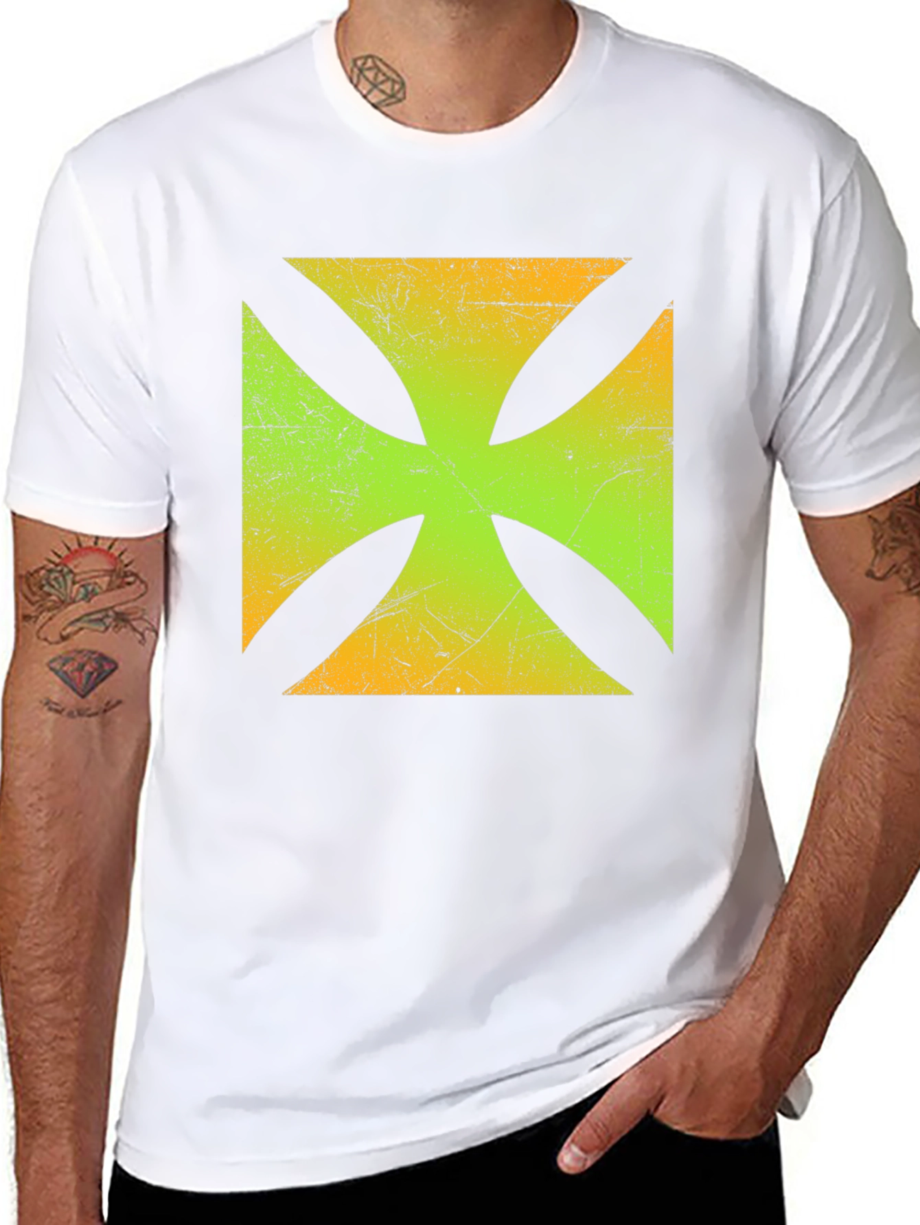 Distressed Malteser Cross Graphic T-Shirt - Black