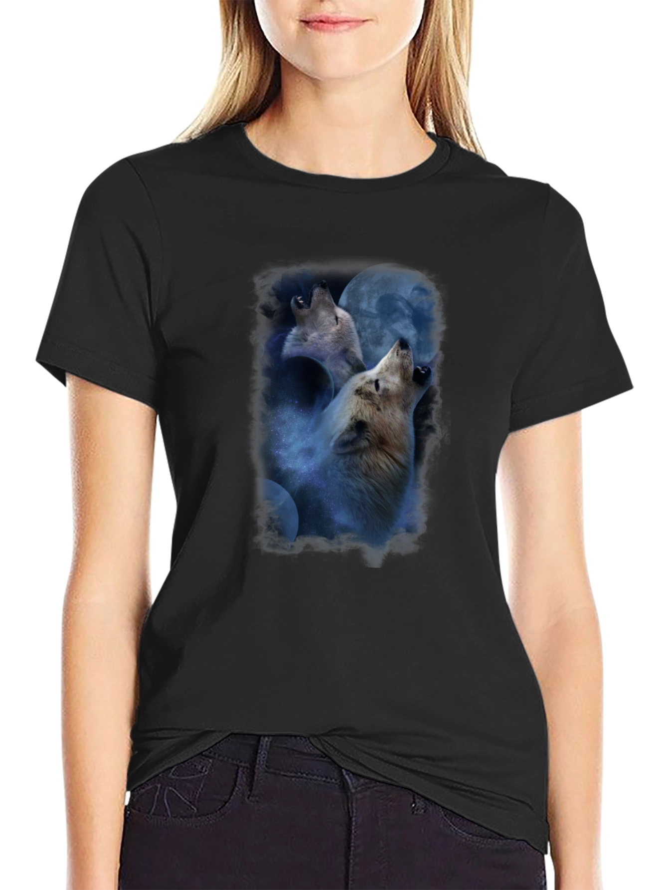 Wolves Howling at Moon Graphic Tee - Black