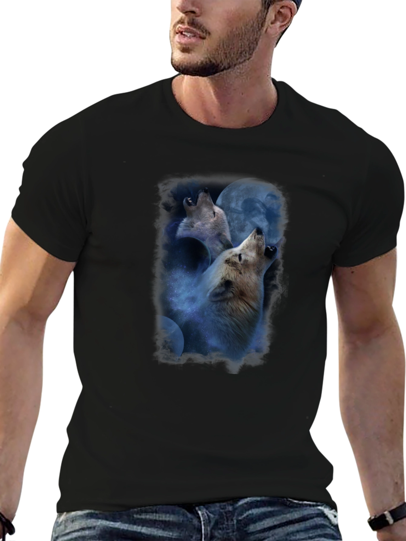 Wolves Howling at Moon Graphic Tee - Black