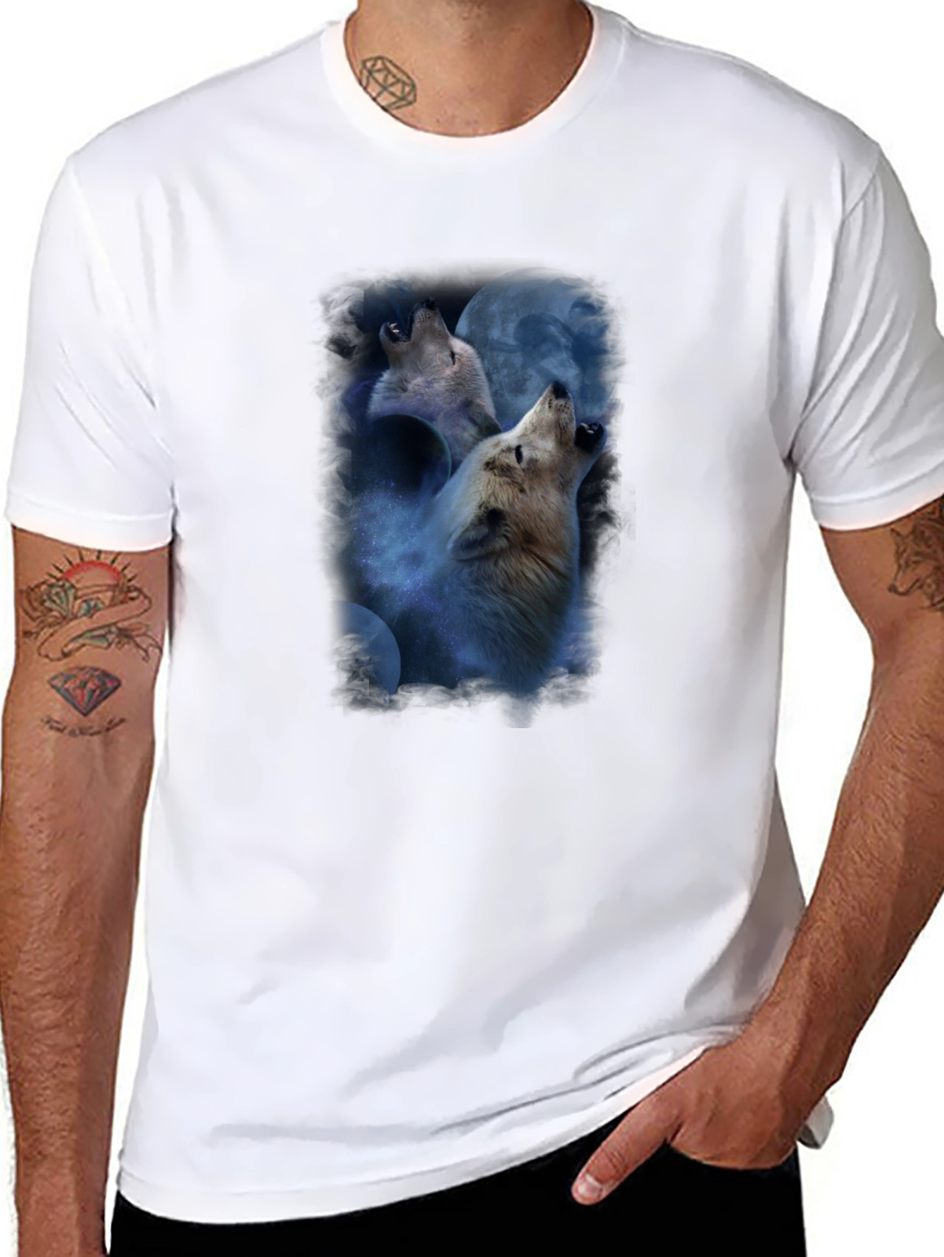 Wolves Howling at Moon Graphic Tee - Black