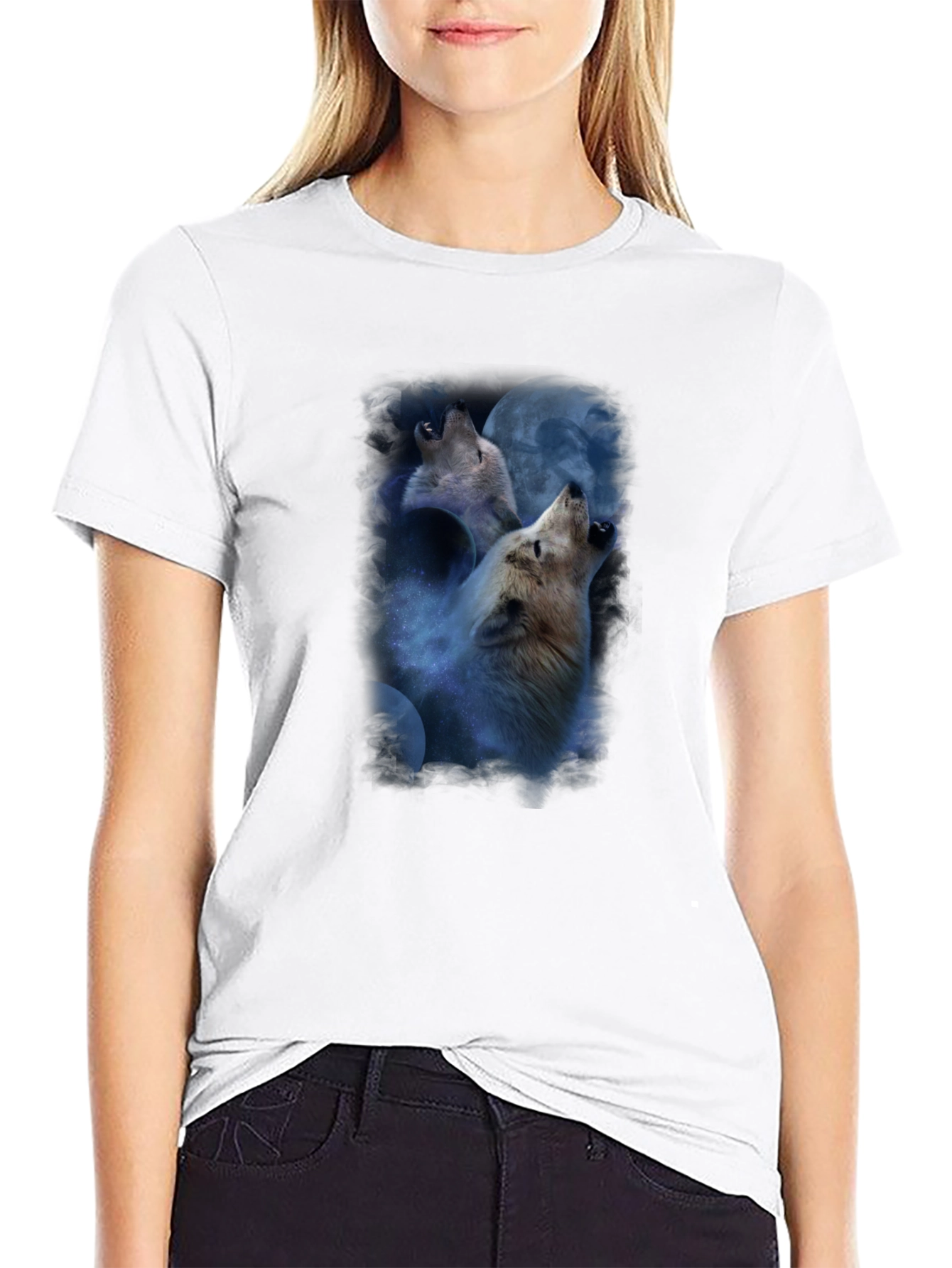 Wolves Howling at Moon Graphic Tee - Black