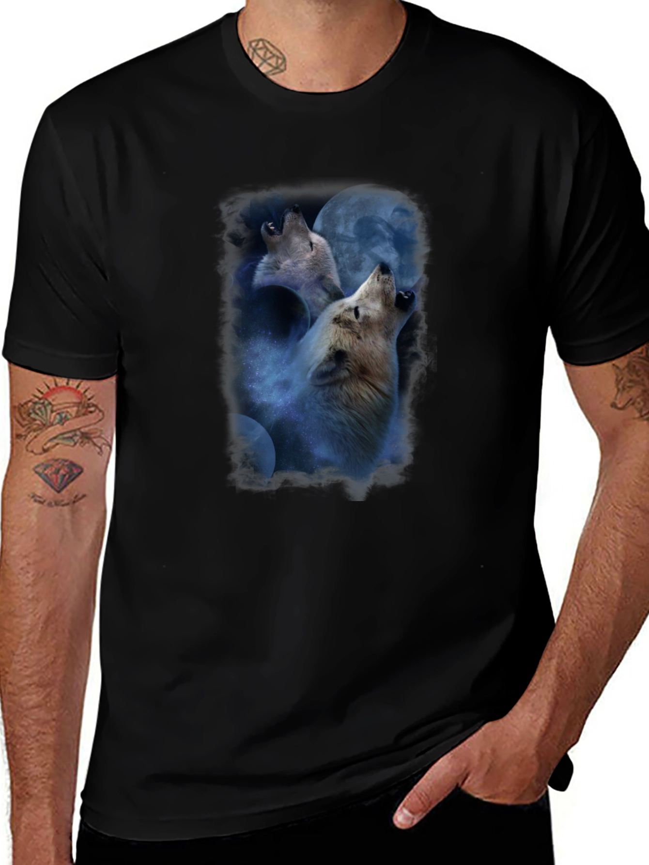Wolves Howling at Moon Graphic Tee - Black
