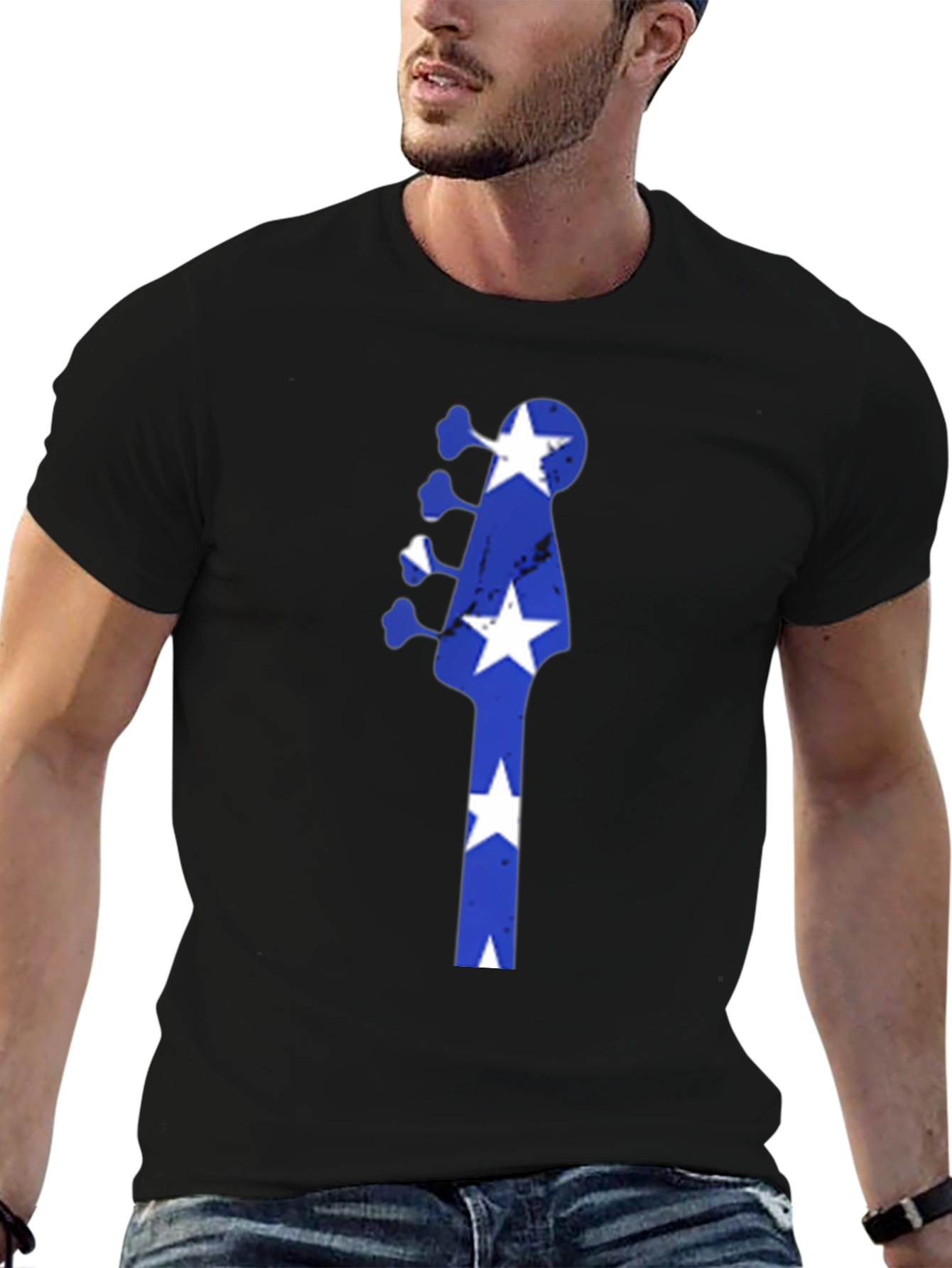 Blue Star Guitar Head Black T-Shirt