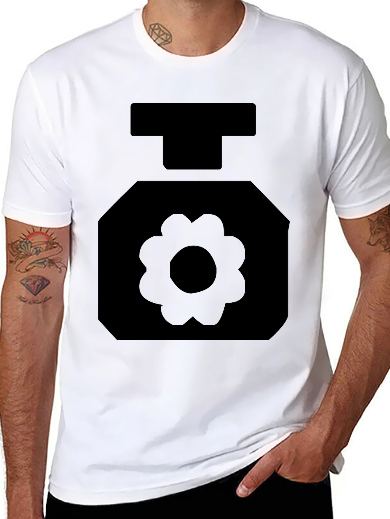 Black T-Shirt with Geometric Flower Perfume Bottle Design