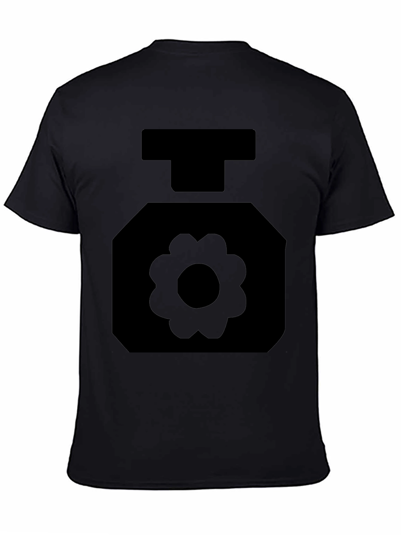 Black T-Shirt with Geometric Flower Perfume Bottle Design