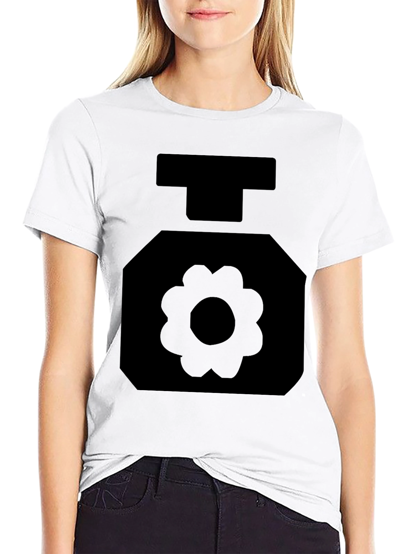 Black T-Shirt with Geometric Flower Perfume Bottle Design