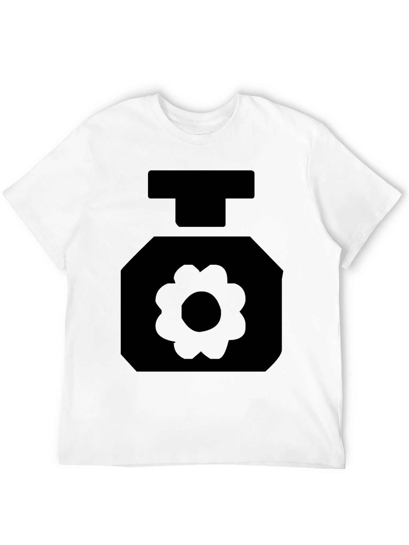 Black T-Shirt with Geometric Flower Perfume Bottle Design