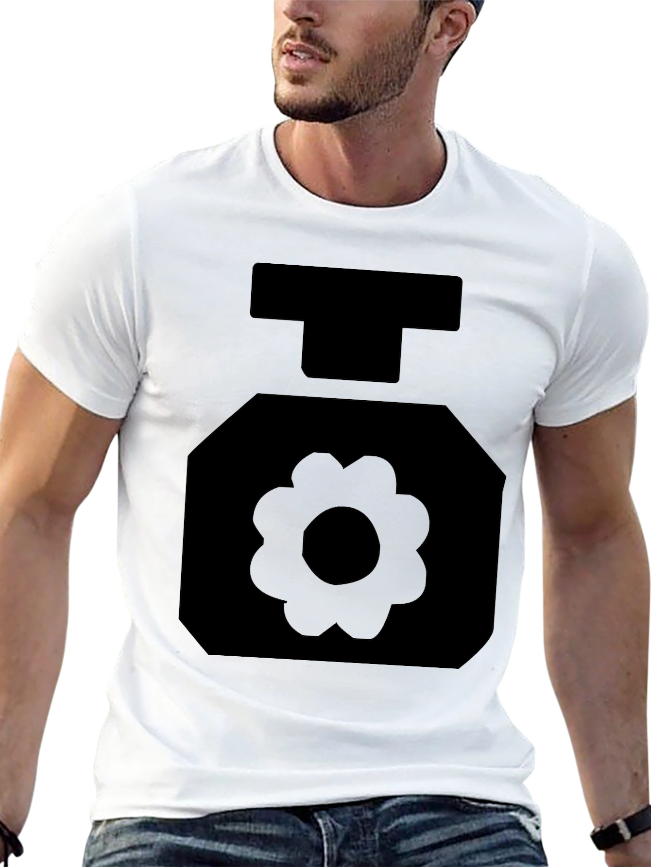 Black T-Shirt with Geometric Flower Perfume Bottle Design
