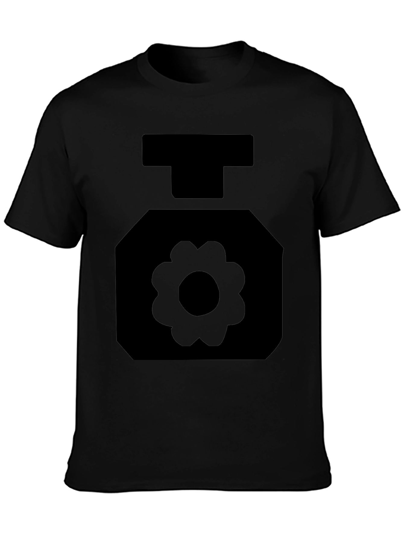 Black T-Shirt with Geometric Flower Perfume Bottle Design