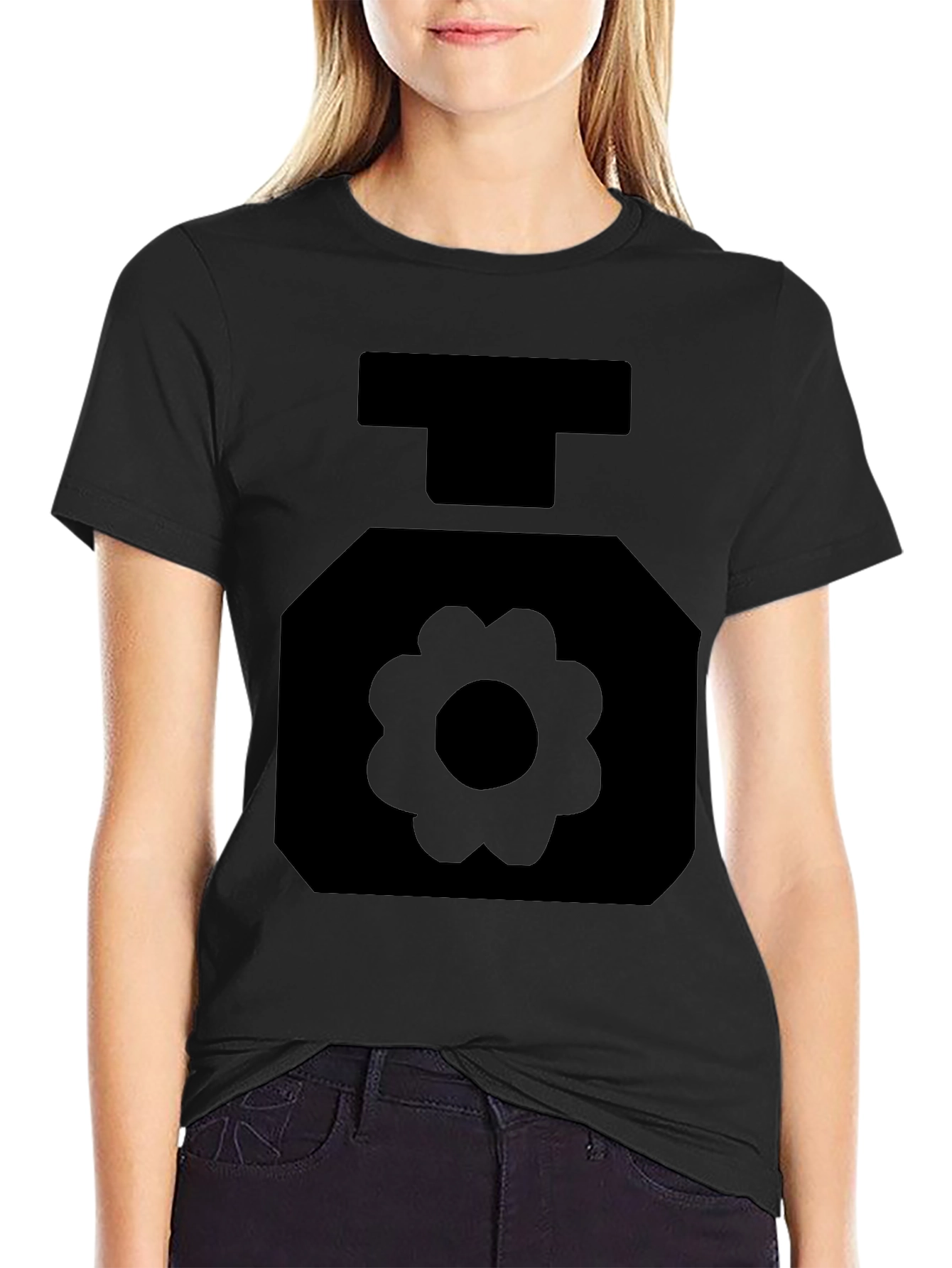 Black T-Shirt with Geometric Flower Perfume Bottle Design