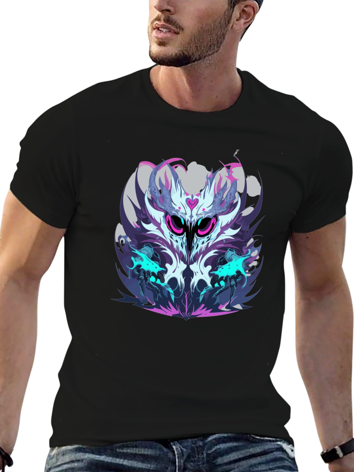 Mens Black Graphic Tee - Abstract Owl Design