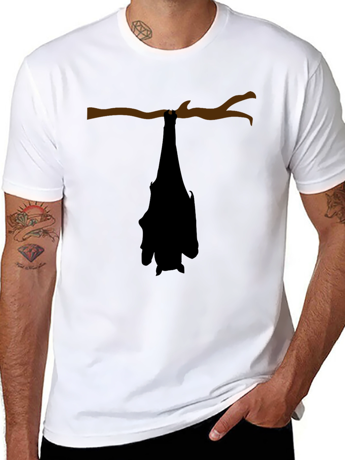 Hanging Bat Graphic Tee - Black Cotton Casual Top