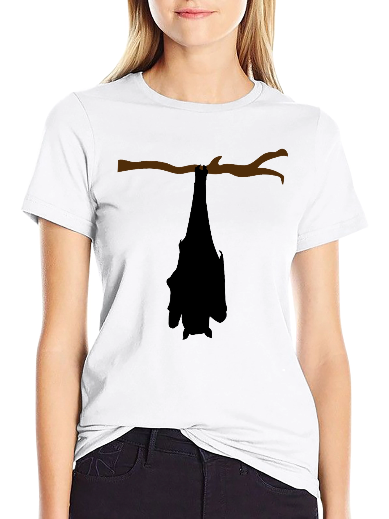 Hanging Bat Graphic Tee - Black Cotton Casual Top