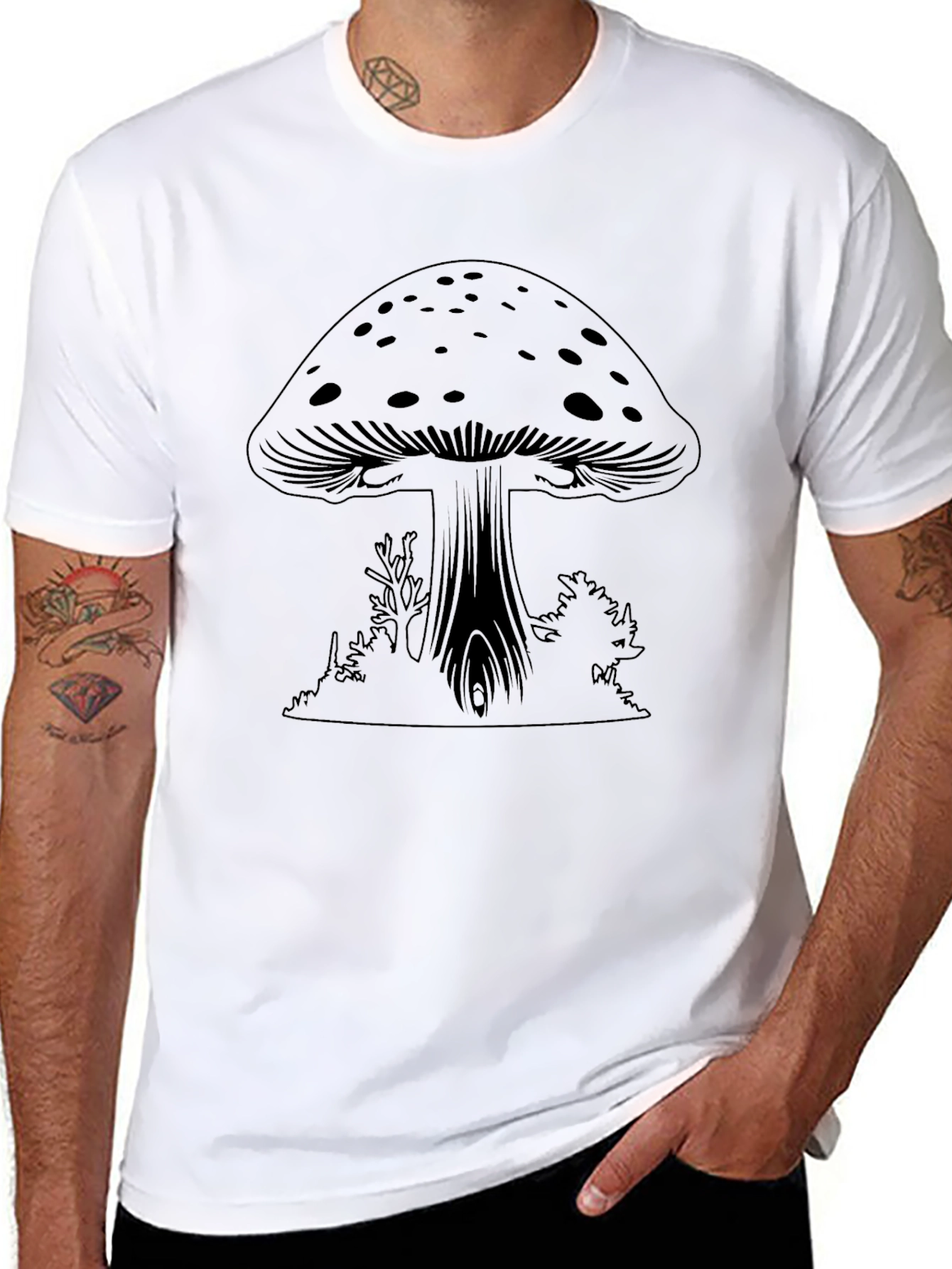 Mushroom Graphic Tee - Black Cotton Casual Wear