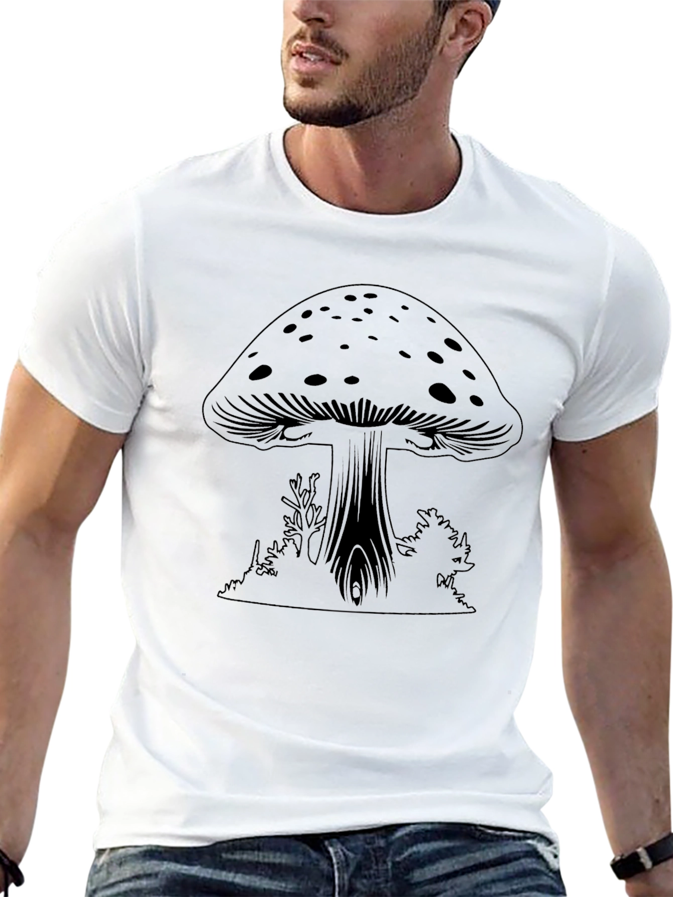 Mushroom Graphic Tee - Black Cotton Casual Wear