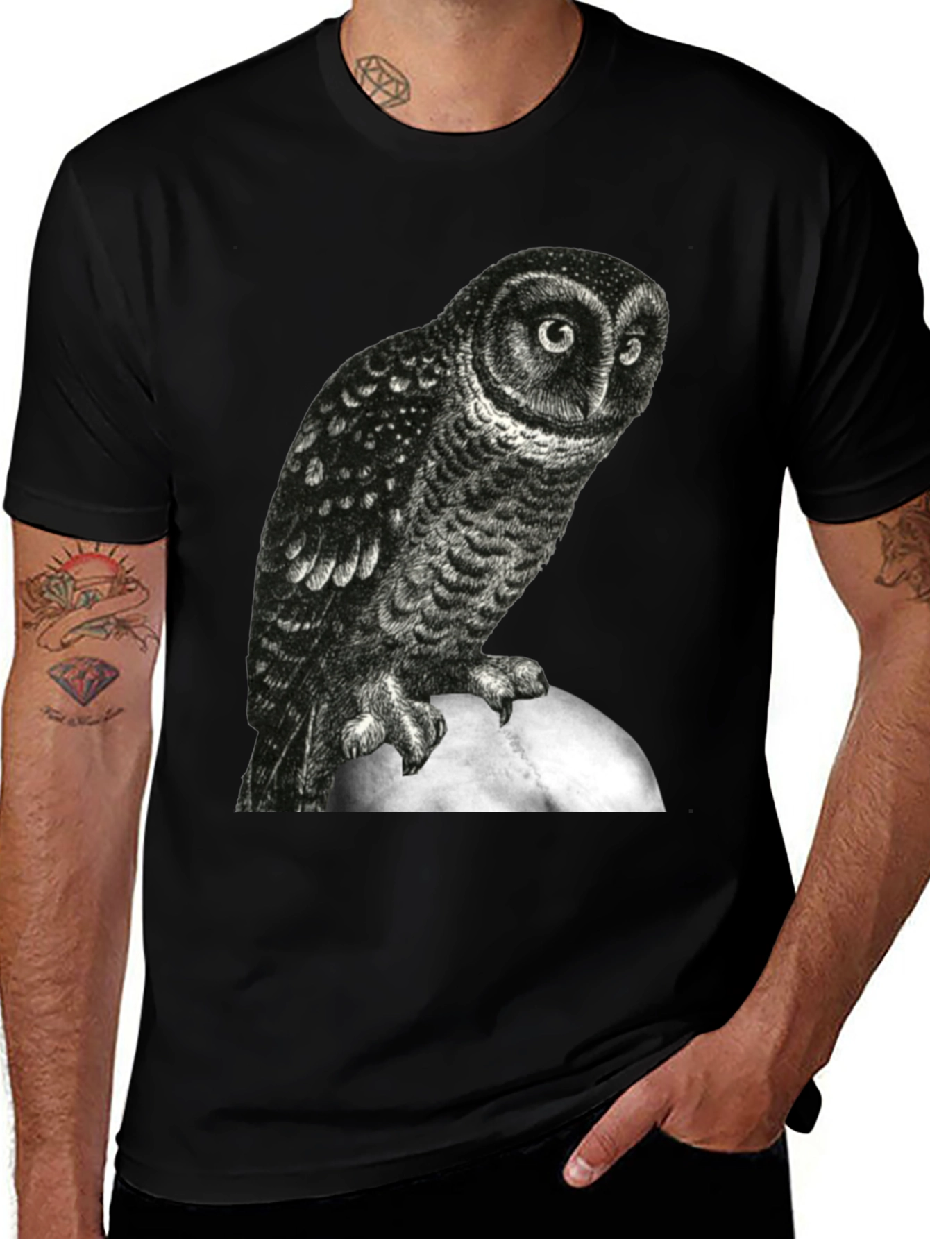 Owl Moon Graphic Tee - Black Cotton T-Shirt