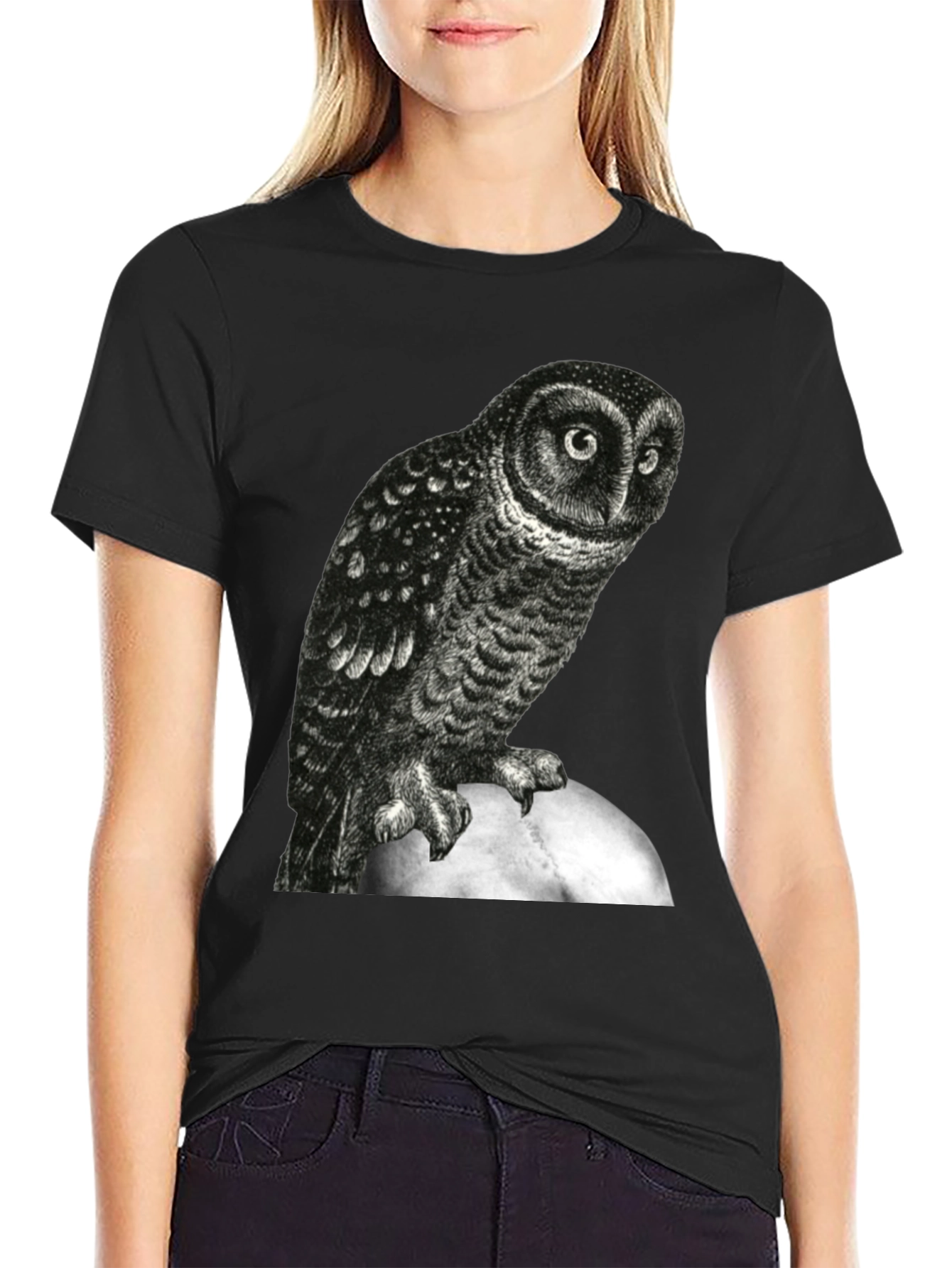 Owl Moon Graphic Tee - Black Cotton T-Shirt