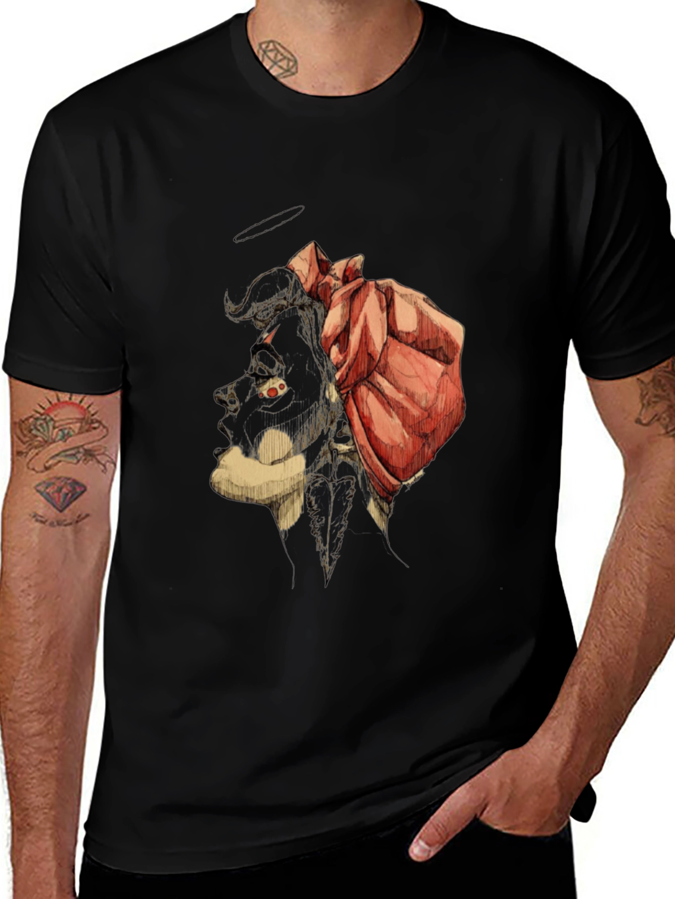 Unique Graphic Tee - Artistic Bull & Rose Design