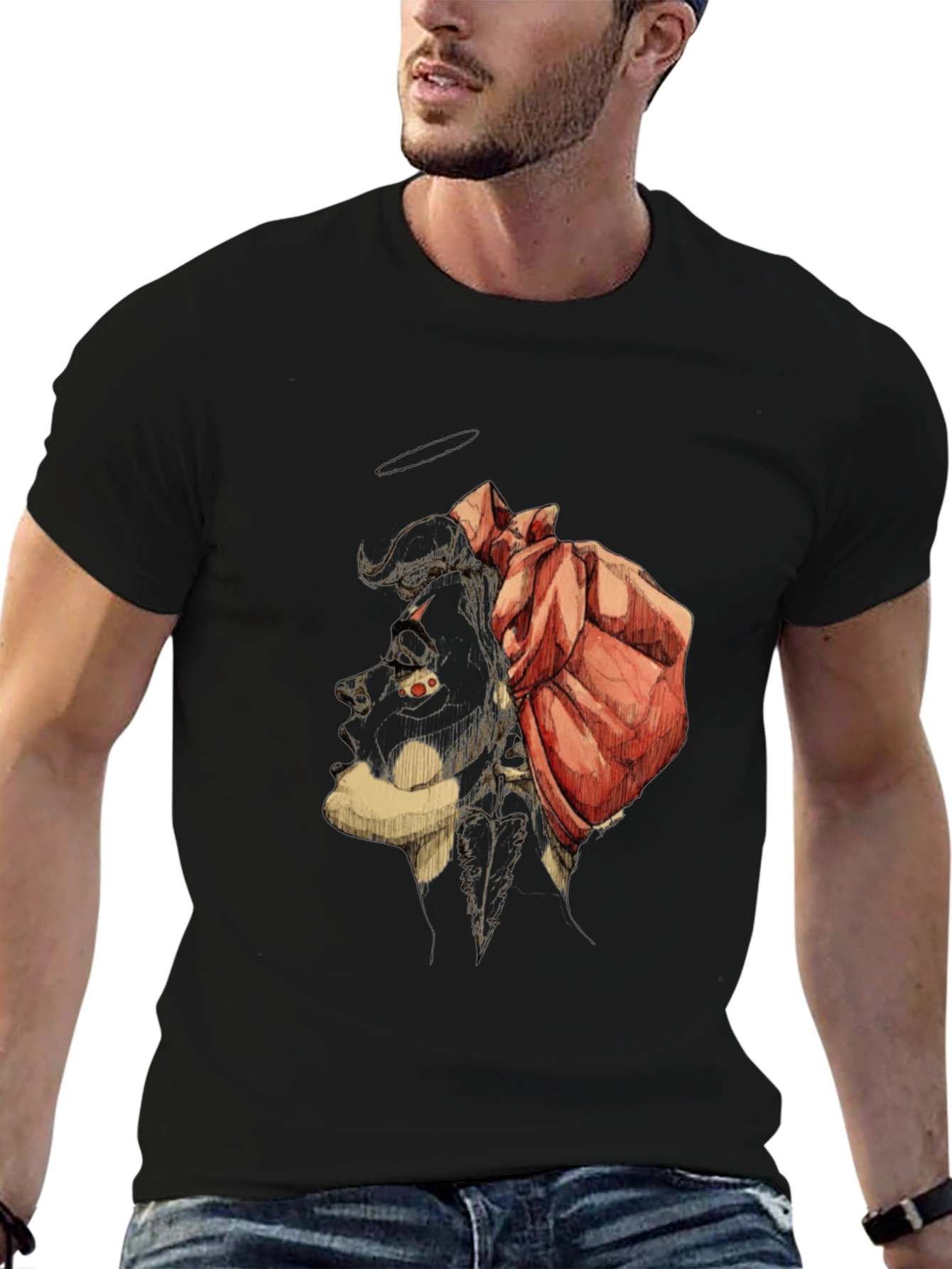 Unique Graphic Tee - Artistic Bull & Rose Design