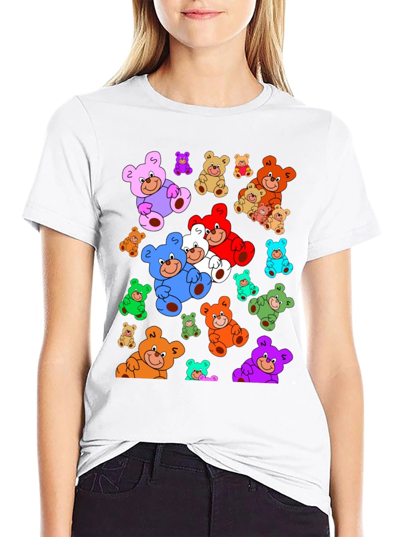 Fun Cartoon Teddy Bear Print Black T-Shirt