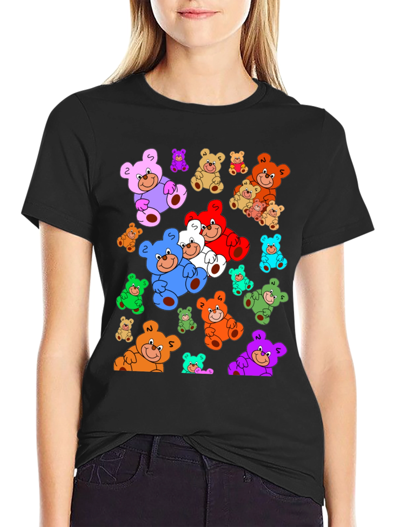 Fun Cartoon Teddy Bear Print Black T-Shirt
