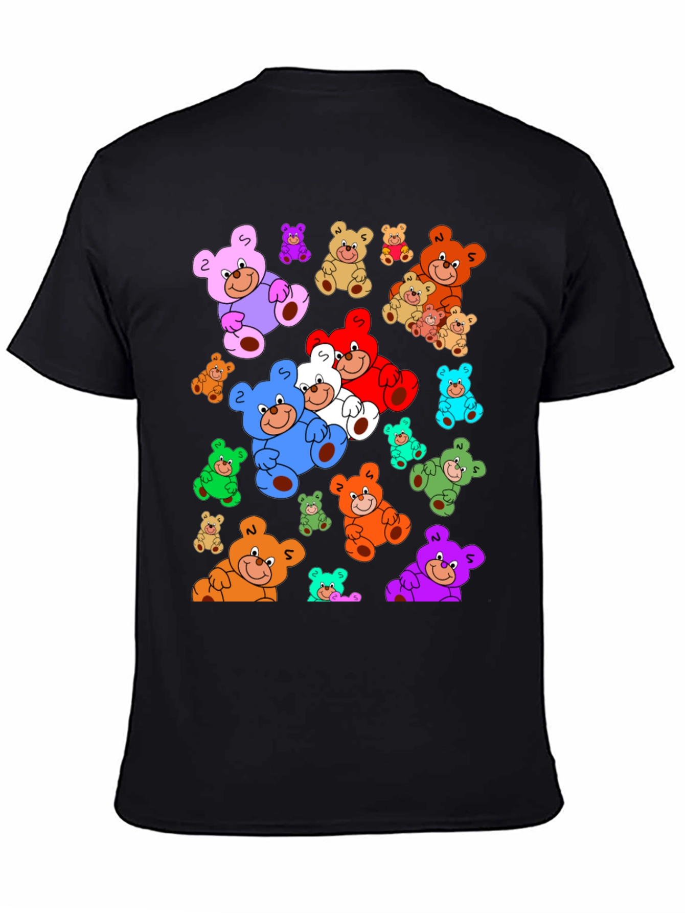 Fun Cartoon Teddy Bear Print Black T-Shirt