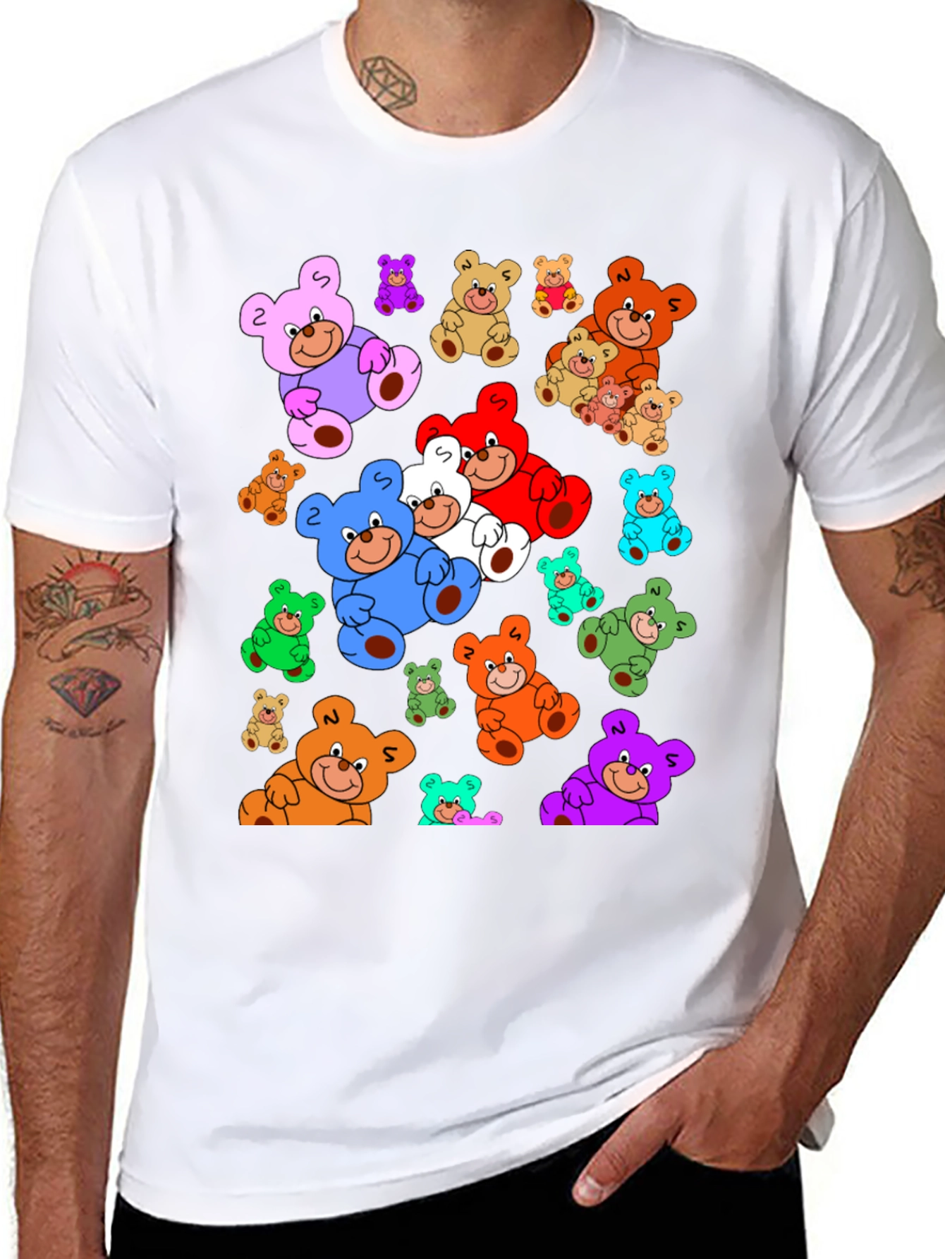 Fun Cartoon Teddy Bear Print Black T-Shirt