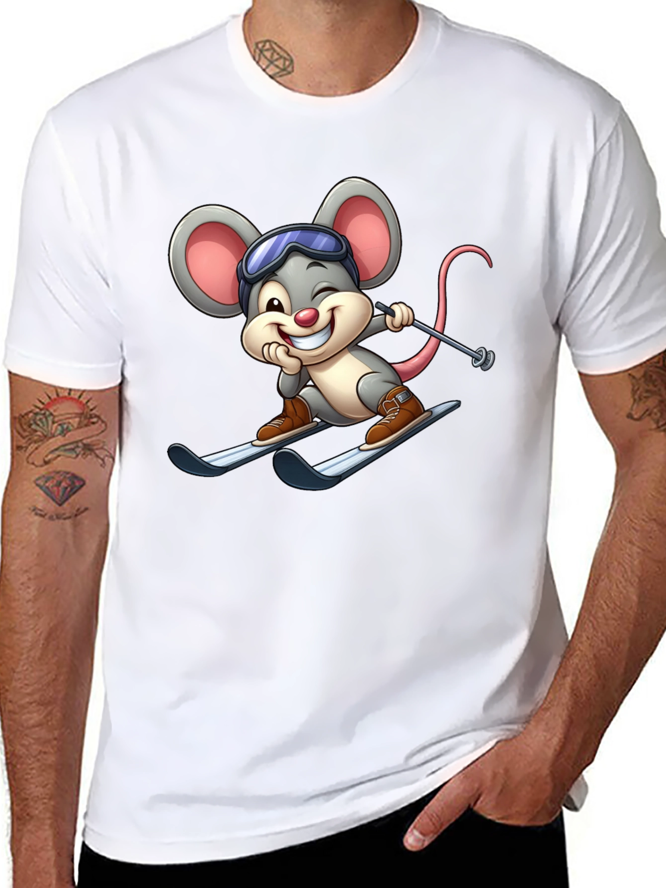 Skiing Mouse Graphic Tee - Fun Black T-Shirt