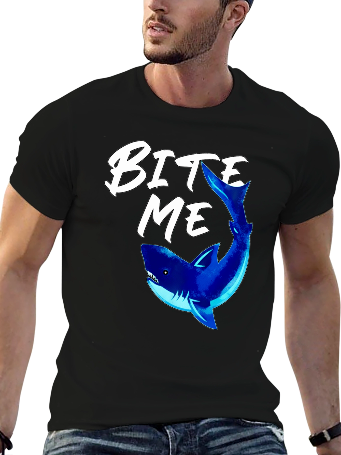 Bite Me Shark Graphic Tee - Black Cotton T-Shirt