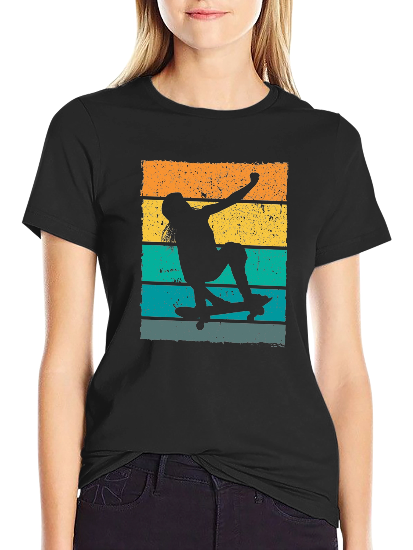 Skateboarder Retro Style Graphic Tee - Black