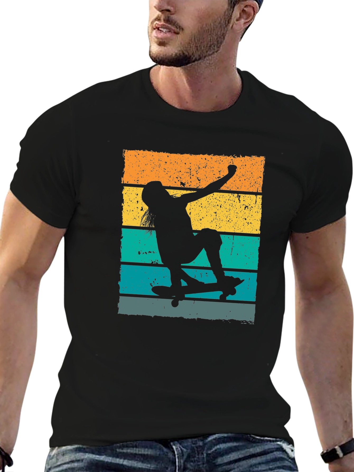 Skateboarder Retro Style Graphic Tee - Black