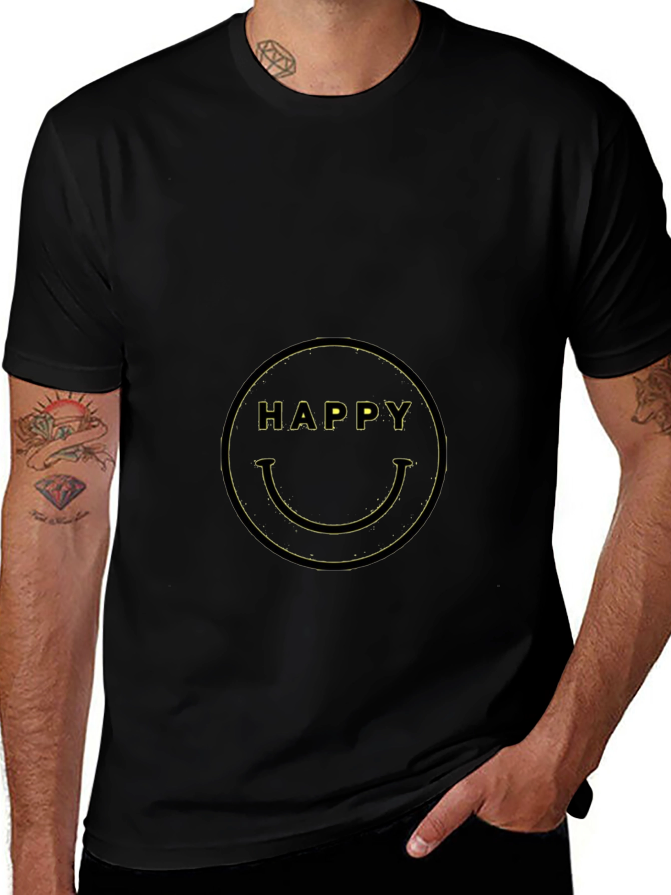 Happy Face Graphic Tee - Black Cotton Blend