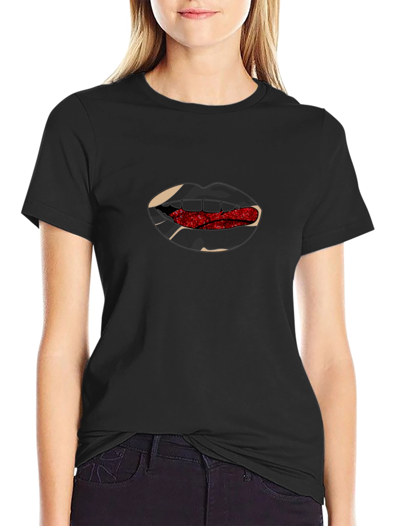 Lips T-Shirt - Black with Red Glitter Tongue Graphic