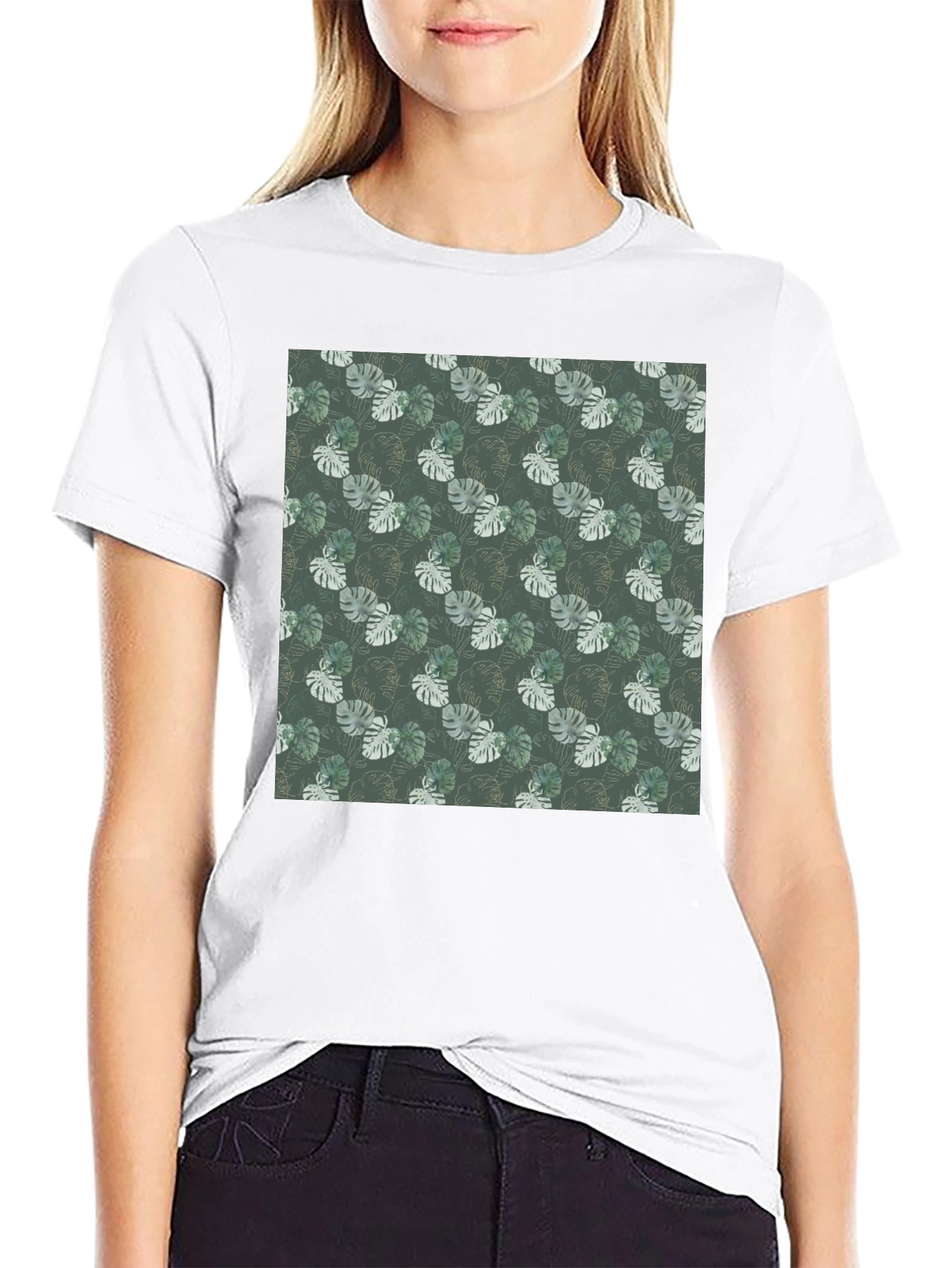 Tropical Leaf Print Black T-Shirt
