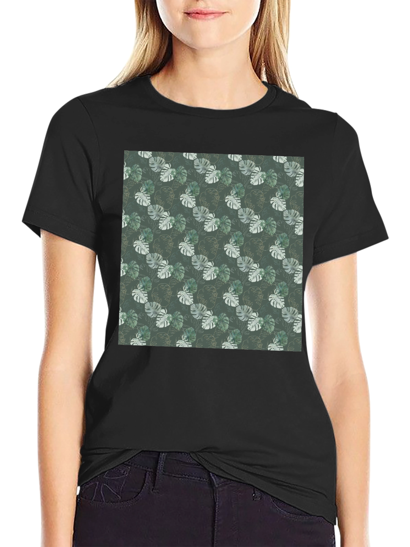 Tropical Leaf Print Black T-Shirt
