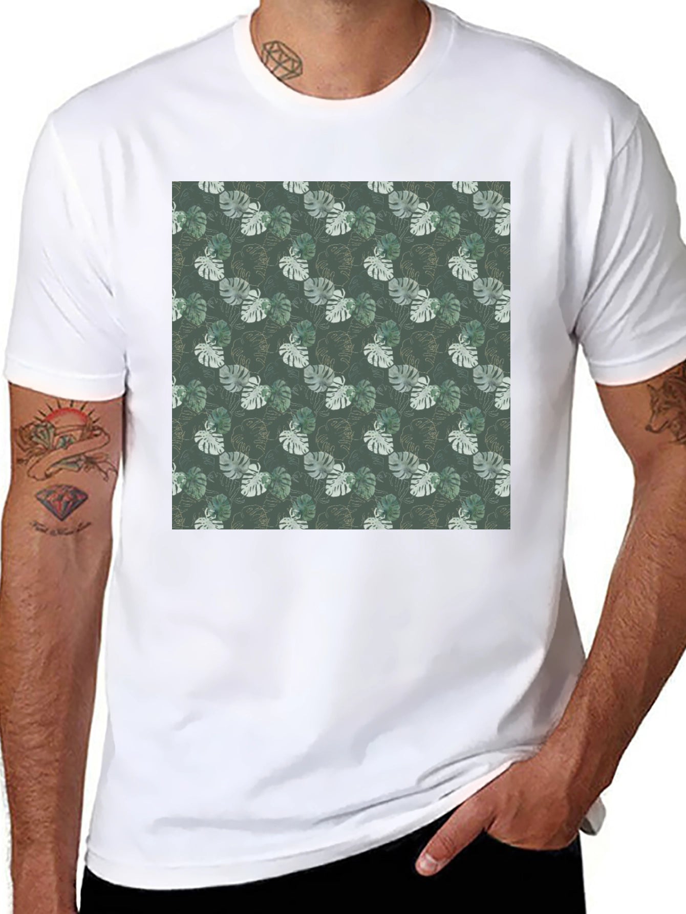 Tropical Leaf Print Black T-Shirt