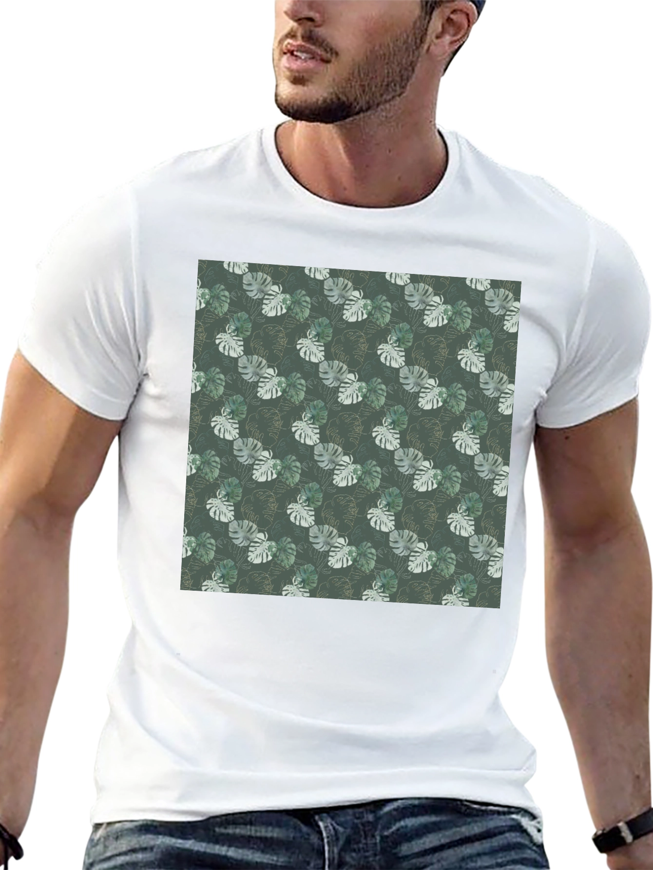 Tropical Leaf Print Black T-Shirt