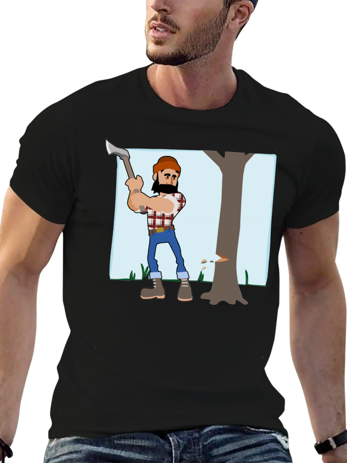 Cartoon Lumberjack Graphic T-Shirt - Black