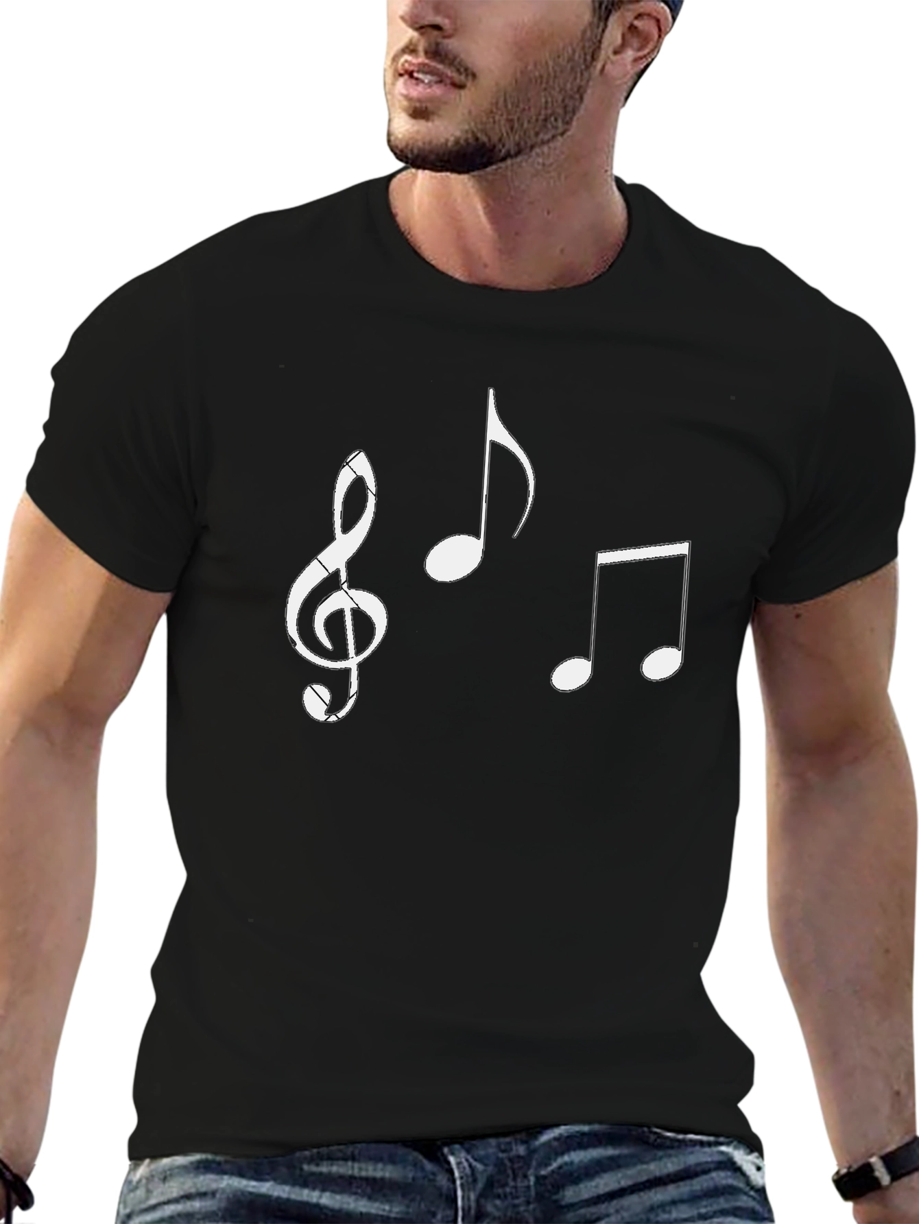Musical Notes Graphic Tee - Black Cotton Casual Shirt