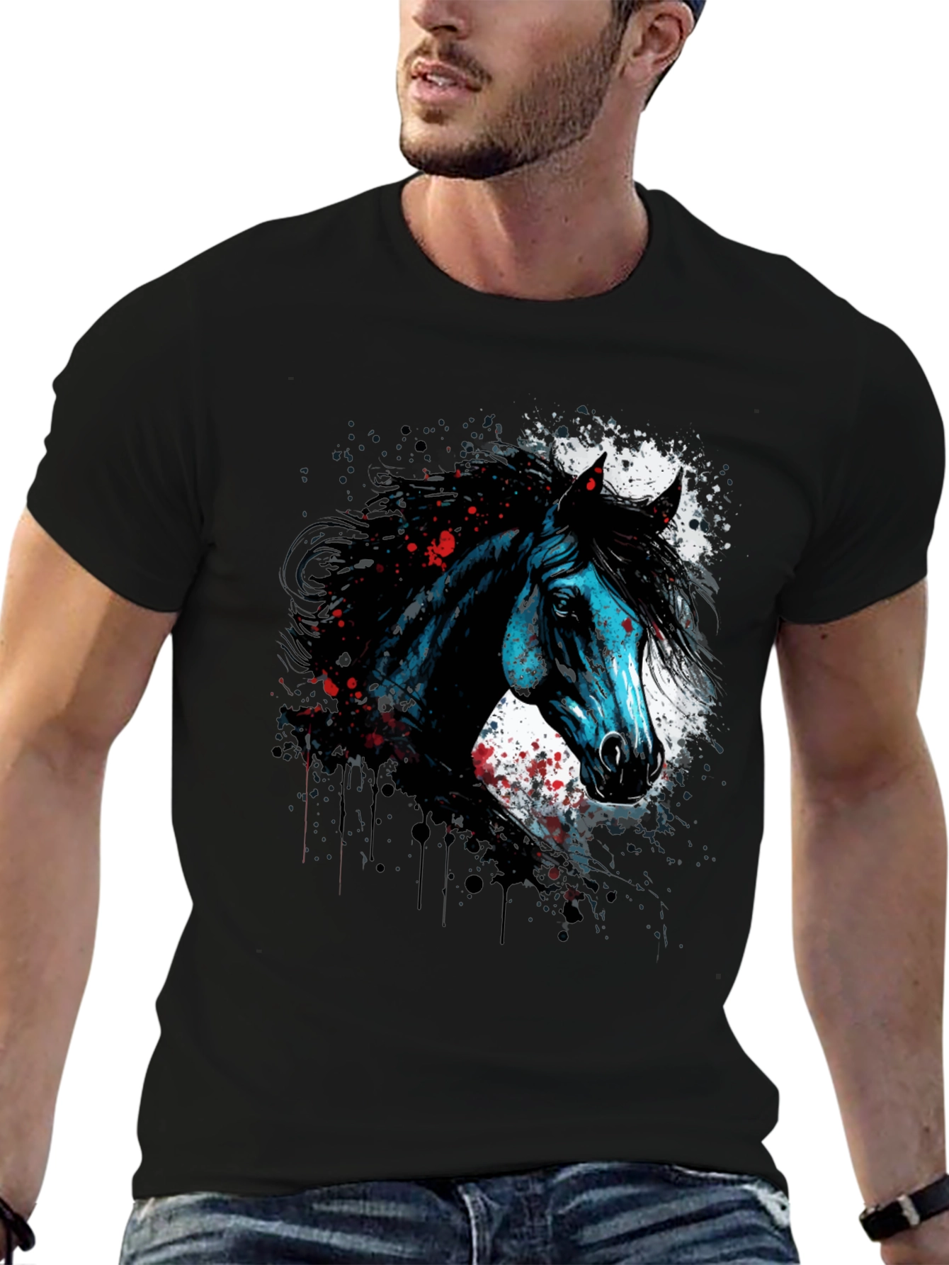 Horse Graphic Print T-Shirt Mens Black Tee