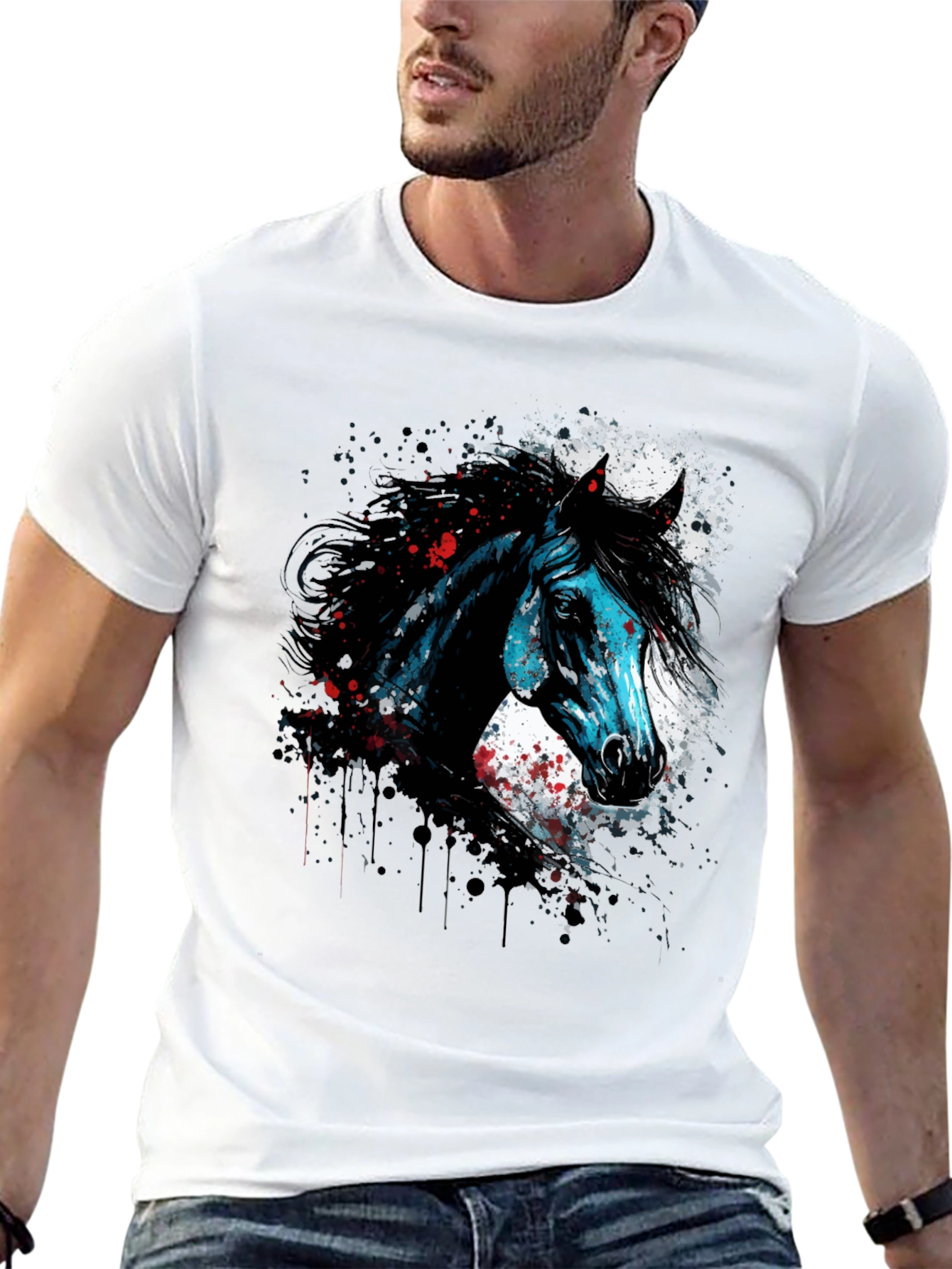 Horse Graphic Print T-Shirt Mens Black Tee