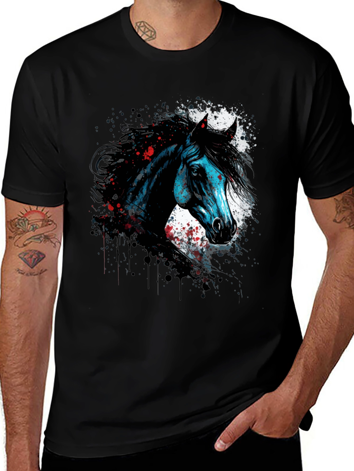 Horse Graphic Print T-Shirt Mens Black Tee