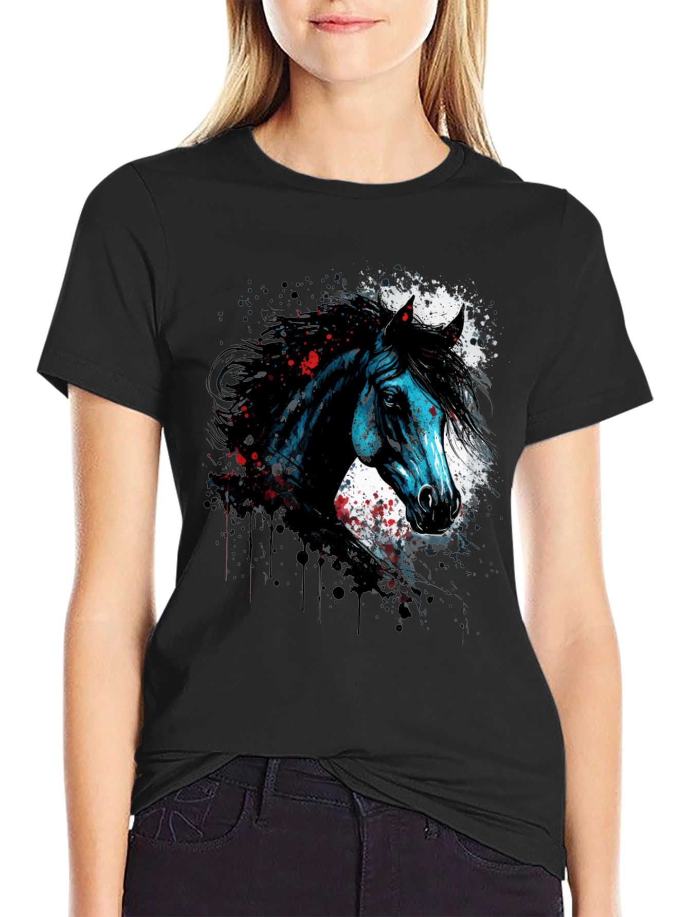 Horse Graphic Print T-Shirt Mens Black Tee
