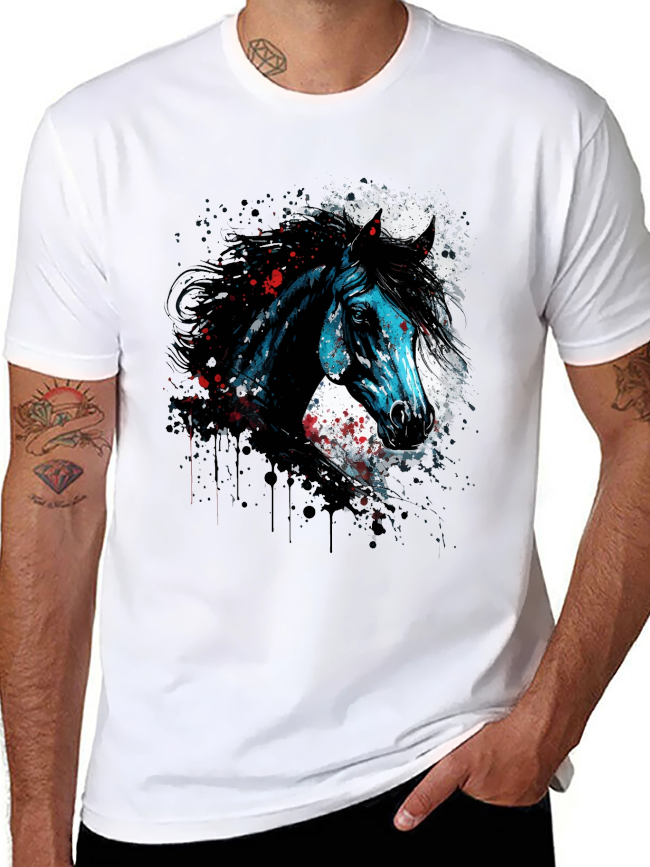 Horse Graphic Print T-Shirt Mens Black Tee