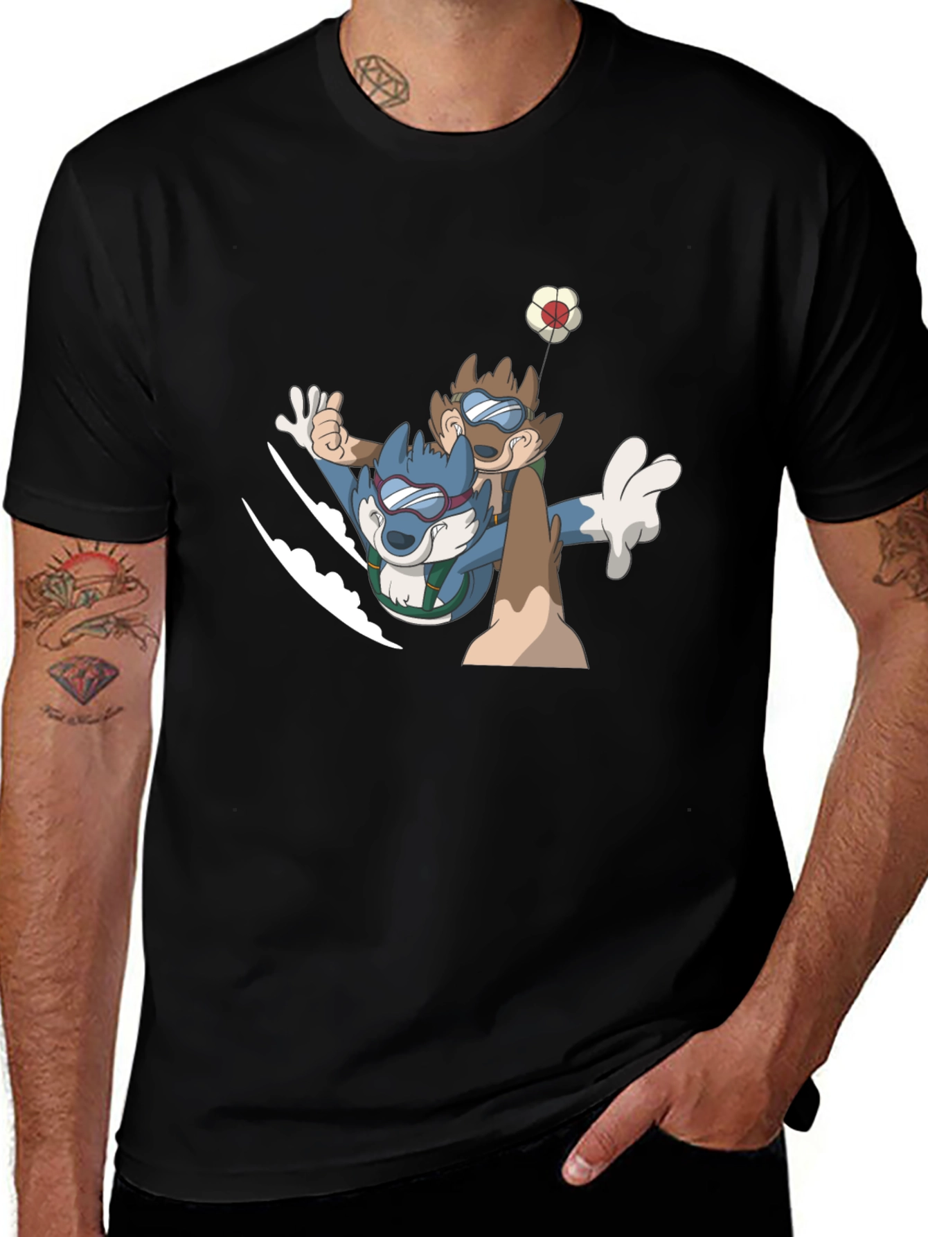 Cartoon Animal Skydive Black Tee