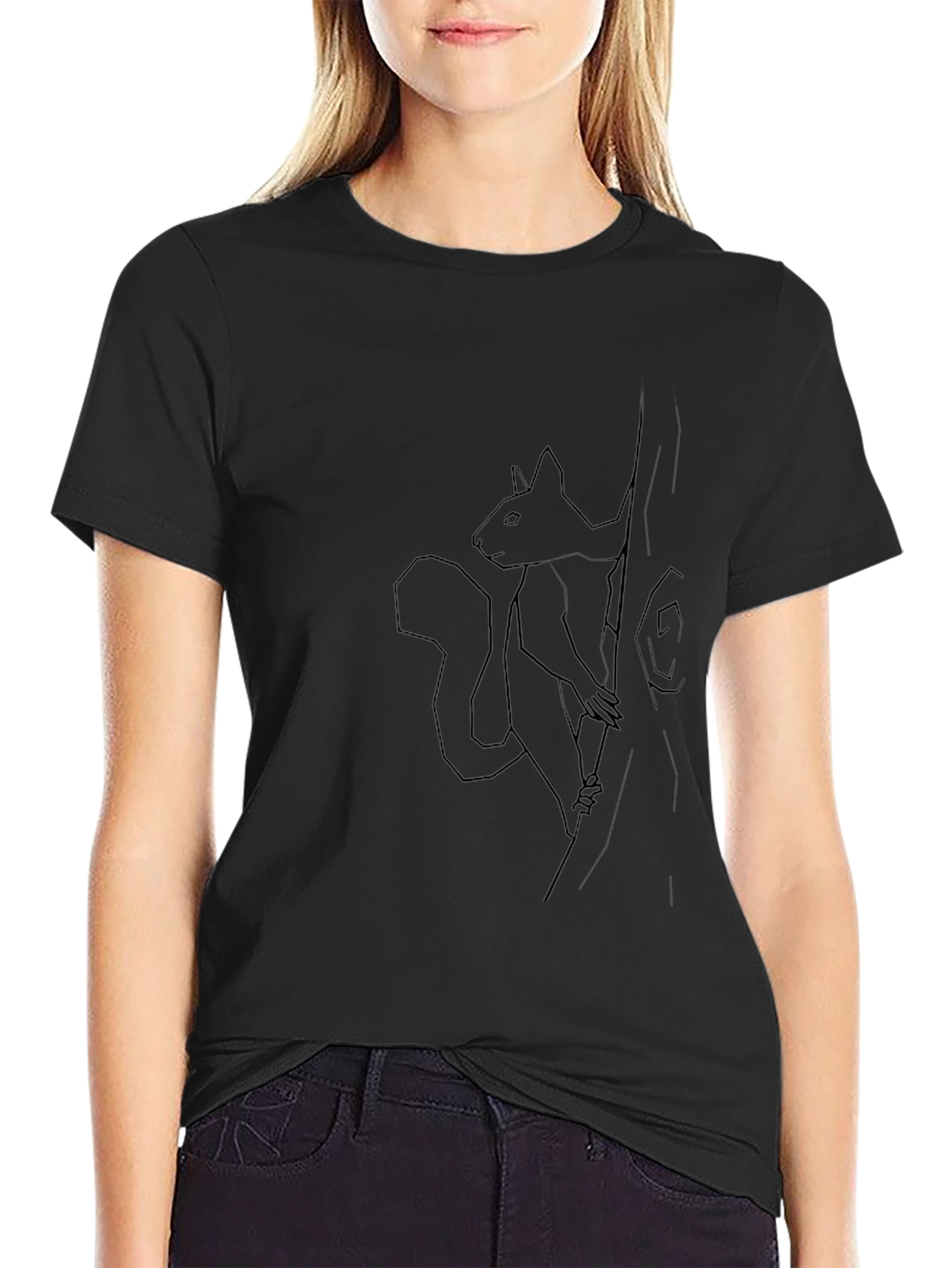 Squirrel Tree Graphic Tee - Black Cotton Casual Wear