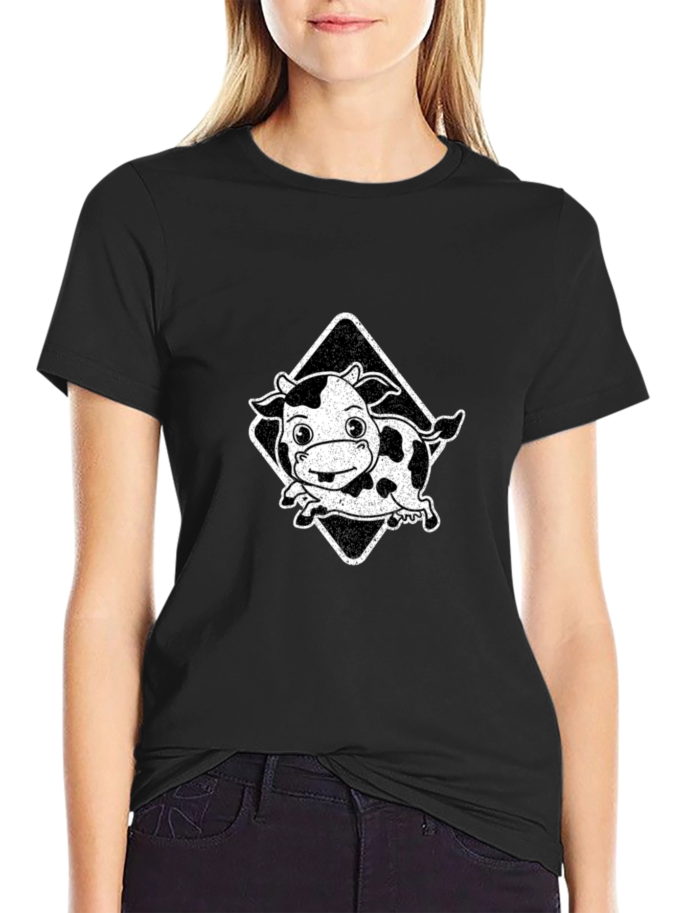 Cartoon Cow Graphic Tee - Black