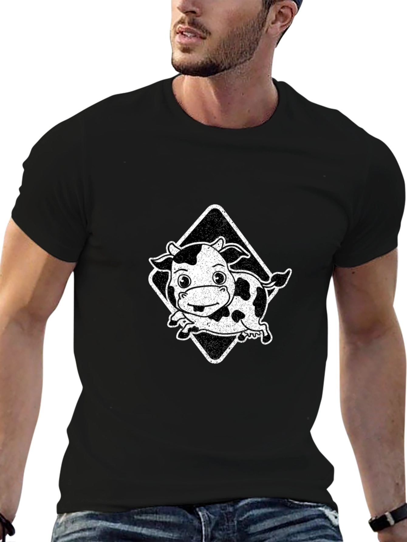 Cartoon Cow Graphic Tee - Black