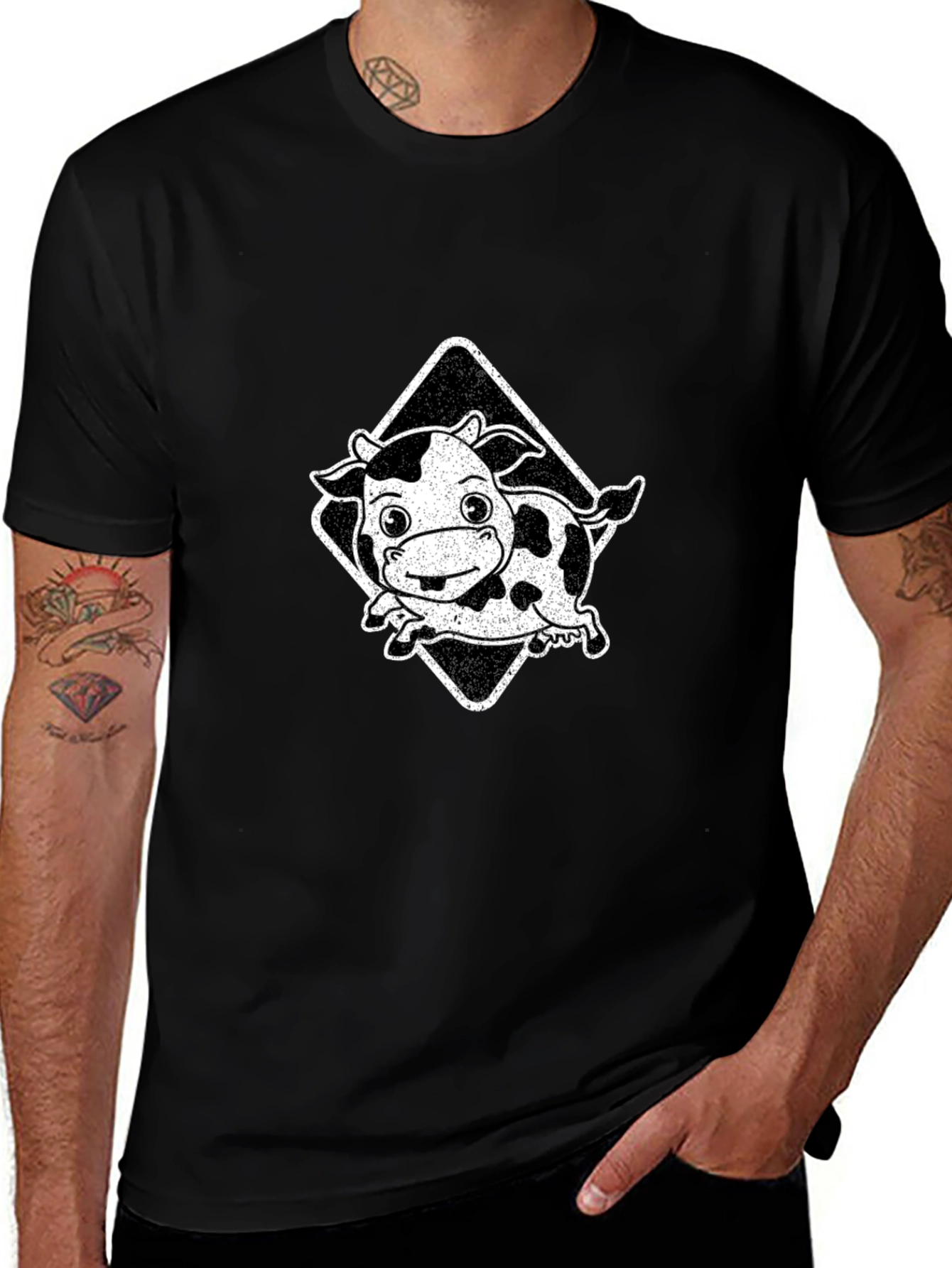 Cartoon Cow Graphic Tee - Black