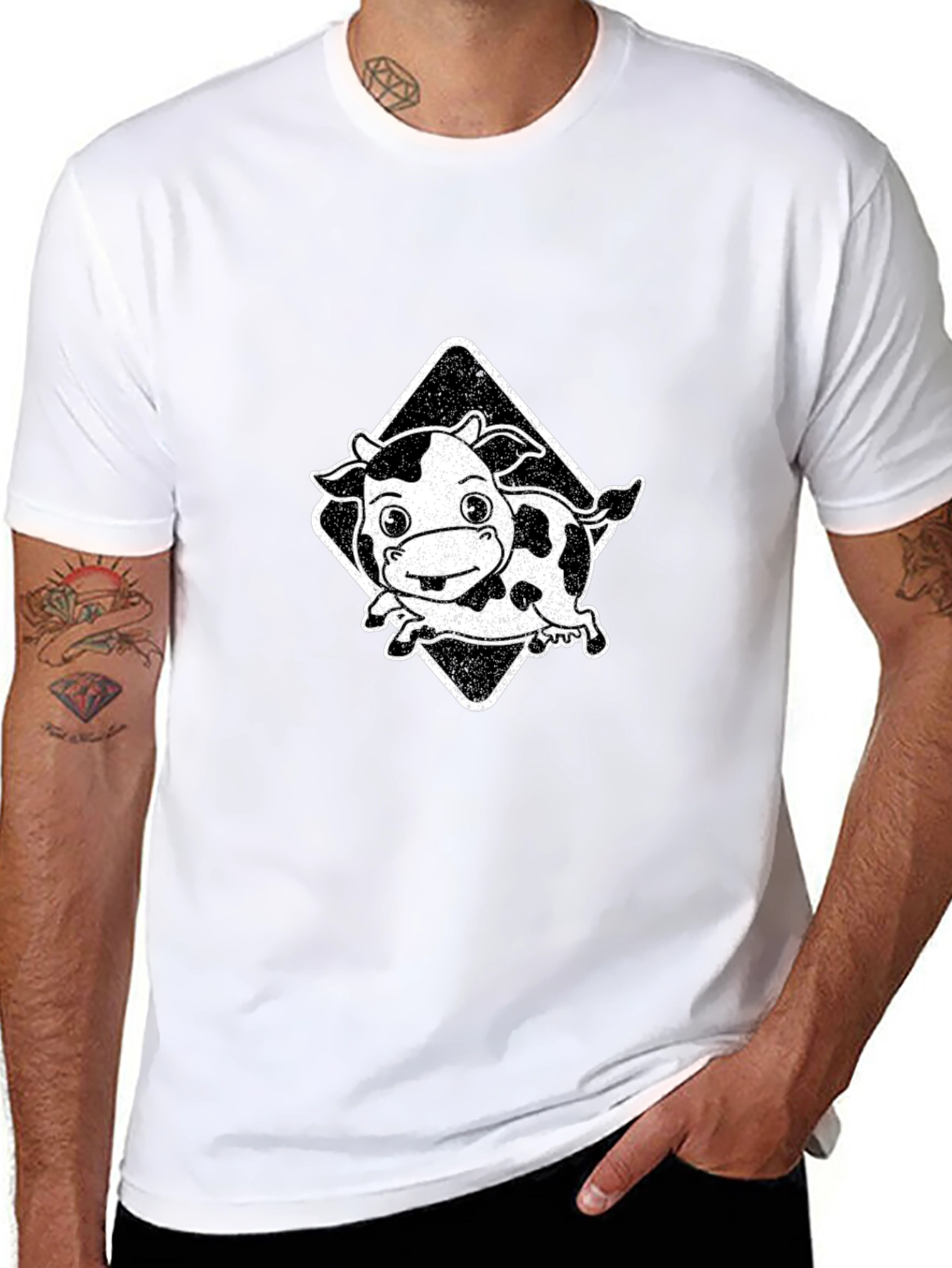 Cartoon Cow Graphic Tee - Black